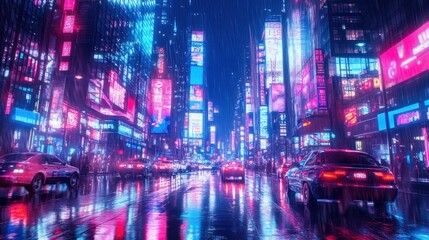 Fototapeta premium Neon-lit cityscape with rain reflecting on wet asphalt
