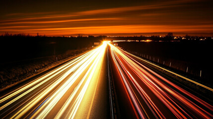 Obraz premium Highway Light Trails with Long Exposure at Night, Vibrant and Dynamic Motion, Nighttime Light Trails on the Highway.