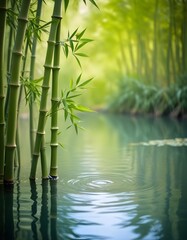Fototapeta premium Green bamboo stalks with leaves reflected in a calm pond , surrounded by a blurred natural background