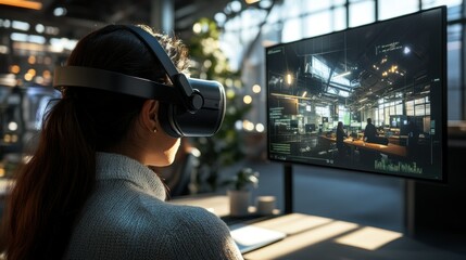 Woman wearing VR headset looking at a monitor showing security footage of a building interior