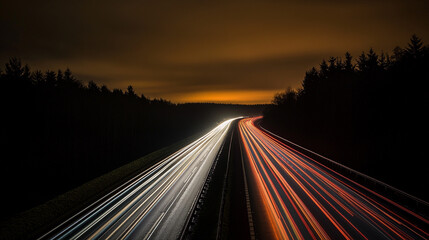 Langzeitbelichtung - Autobahn - Strasse - Traffic - Travel - Background, Highway Light Trails with Long Exposure at Night, Vibrant and Dynamic Motion.