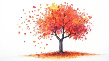 Whimsical Autumn Tree Illustration with Vibrant Colorful Leaves Rendered in Pastel Crayons, Capturing the Essence of Fall's Natural Beauty





