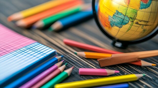 Exploring Creativity: A Colorful Collection of Pencils, Wax Chalks, Notebooks, and a Globe for Inspiring Learning Adventures in the Classroom






