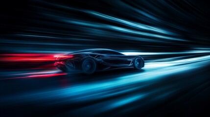 A futuristic car speeds through with blue and red light trails, emphasizing motion, high-tech design, and advanced automotive innovation