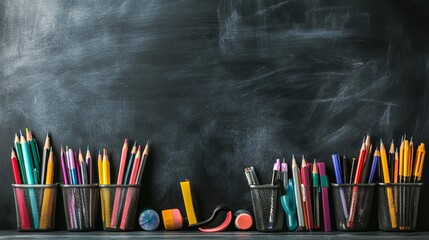 Organized Chaos: A Vibrant Metal Glass Filled with Pens, Pencils, Felt-Tip Pens, and Scissors Set Against a Bold Black Chalkboard Background






