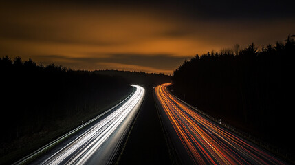 Moving car lights on highway at night longDynamic time-lapse of a busy highway at dusk, capturing vibrant light trails.