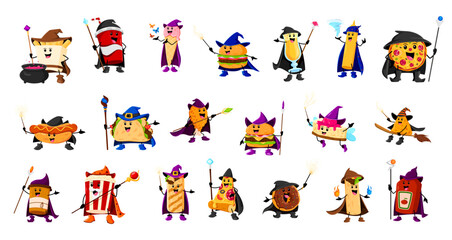 Fototapeta premium Cartoon Halloween fast food mage, wizard and witch characters. Vector french fries, cola or coffee cups, ice cream and burger. Cocktail, mustard and ketchup bottles, pizza, hotdog with popcorn, donut