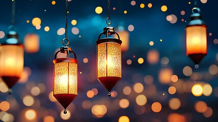 Glowing decorative lanterns hanging with soft bokeh lights in the background, evoking a festive, warm, and peaceful night atmosphere.

