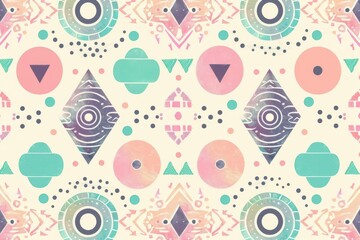 Naklejka premium Navajo Aztec Colorful geometric pattern featuring circles, triangles, and diamonds in pastel tones, perfect for modern design projects.