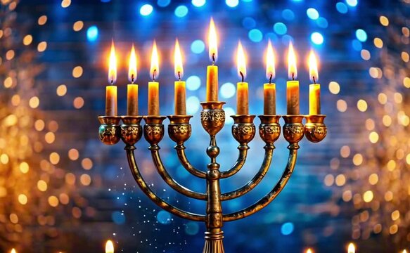 Traditional menorah with lit candles glowing warmly in a festive atmosphere, celebration mood, holiday decor

