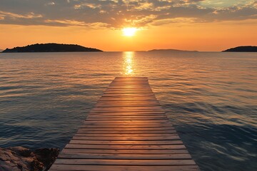 Golden Sunset over Calm Sea with Wooden Pier Leading to Horizon