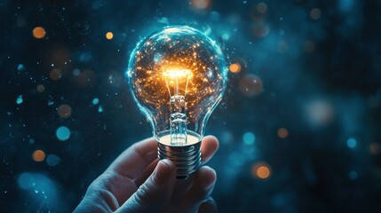 A Hand Holding a Light Bulb with a Galaxy Inside Against a Blue Bokeh Background