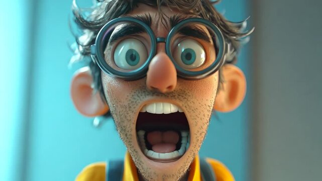An animated character reacts with surprise in a colorful room setting during a gameplay moment. The emotion of fear or screaming
