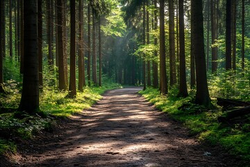 Fototapeta premium Sunlight streaming through tall trees on a forest path. Concept of peace, serenity, nature, and outdoor adventure.