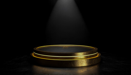 A golden ring-shaped podium is centered on a stage with a black background and a spotlight overhead.