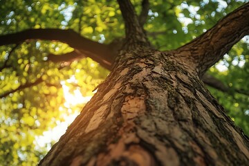 Fototapeta premium Looking Up at a Tall Tree Trunk with Sunlight Filtering Through the Leaves