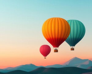 Obraz premium Hot air balloons hovering over a tranquil mountain plateau, surrounded by distant peaks and a clear sky