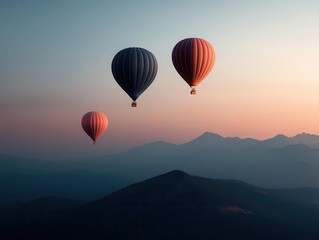 Fototapeta premium Hot air balloons drifting gently over a mountain ridge at twilight, soft colors and peaceful atmosphere
