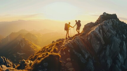 Hikers on Mountain Peak at Sunset with Golden Hour Light