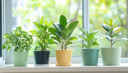 Obraz premium Brighten your space with collection of indoor plants, showcasing various shades of green in stylish pots. These eco friendly additions enhance any rooms atmosphere