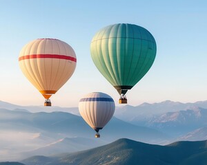 Obraz premium Hot air balloons drifting gently above mist-covered mountains, calm and ethereal scenery