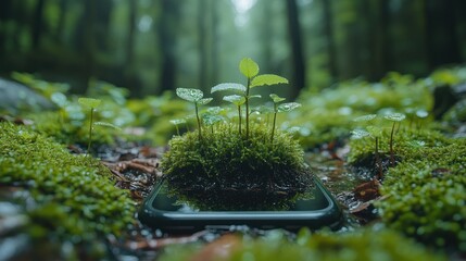 Smartphone Sprouting Nature: Eco-Friendly Design Merging Technology and Green Growth in a Forest Setting
