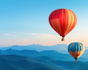 Fototapeta premium Hot air balloons floating above a peaceful mountain landscape, distant peaks touched by soft morning light