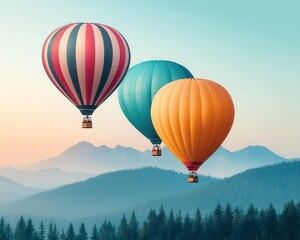 Naklejka premium Hot air balloons drifting over a quiet mountain forest, morning mist rising, creating a peaceful and magical scene