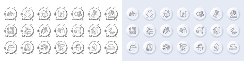 Boarding pass, Growth chart and Coffee pot line icons. White pin 3d buttons, chat bubbles icons. Pack of Parking, Chemistry lab, Accounting report icon. Vector