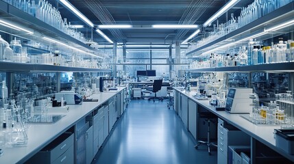 Obraz premium A modern laboratory filled with glassware, research equipment, and bright lighting, designed for scientific experiments and analysis.