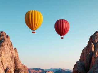 Obraz premium Balloons drifting peacefully over a canyon surrounded by towering mountains, creating a tranquil scene
