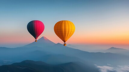 Obraz premium Balloons gliding above mist-covered mountains at sunrise, creating a serene and ethereal landscape