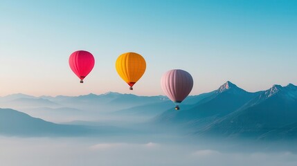 Obraz premium Balloons drifting above a foggy mountain range, only peaks visible, creating a peaceful and dreamlike scene