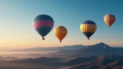 Obraz premium Balloons ascending slowly over a remote mountain range, no signs of human presence, peaceful and untouched