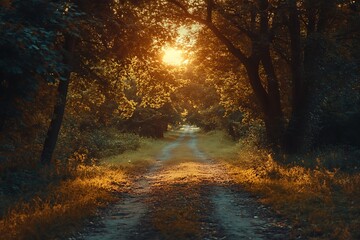 Obraz premium Sun Shining Through Trees on Forest Path at Sunset