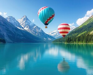 Fototapeta premium Balloons floating high above a peaceful mountain lake surrounded by pine forests, calm and serene setting