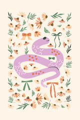 Snake and daisy with bow poster. Flowers and reptile animal background. Beige greeting card. Vector hand drawn flat illustration