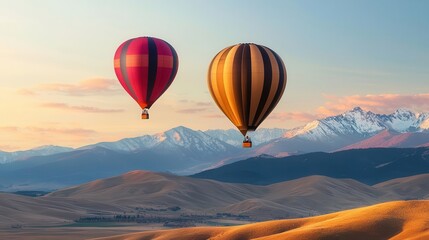 Hot air balloons gliding over rolling hills and snow-capped peaks, peaceful and expansive mountain view
