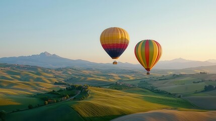 Obraz premium Balloons drifting peacefully over rolling hills and distant mountain ranges, soft light and serene mood