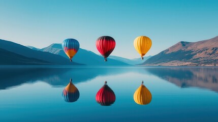 Fototapeta premium Vibrant hot air balloons floating above a calm mountain lake, reflecting in the still water, tranquil setting