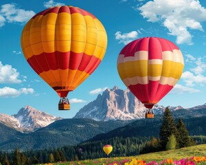 Obraz premium Hot air balloons floating over a tranquil mountain meadow, wildflowers in bloom, peaceful and idyllic scene