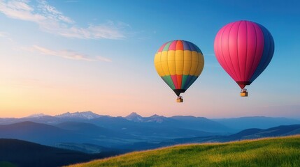 Fototapeta premium Hot air balloons drifting above a quiet alpine meadow at dawn, dew-covered grass and peaceful surroundings
