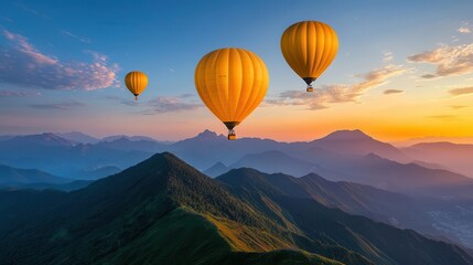 Balloons drifting over lush green mountains at sunset, tranquil and peaceful, warm light filtering through clouds