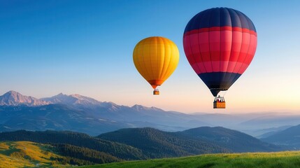 Obraz premium Hot air balloons drifting above a quiet alpine meadow at dawn, dew-covered grass and peaceful surroundings
