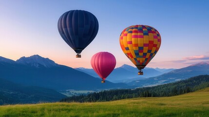 Fototapeta premium Hot air balloons drifting above a quiet alpine meadow at dawn, dew-covered grass and peaceful surroundings