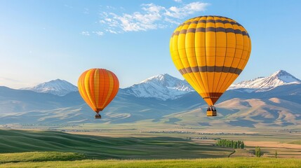 Naklejka premium Hot air balloons gliding over rolling hills and snow-capped peaks, peaceful and expansive mountain view