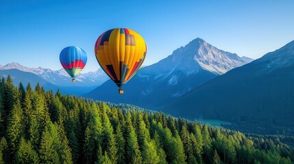 Naklejka premium Hot air balloons ascending over a dense forest at the base of tall mountains, serene and tranquil atmosphere
