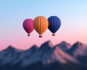 Fototapeta premium Balloons floating over a tranquil mountain pass, soft light illuminating the peaks, calm and peaceful landscape