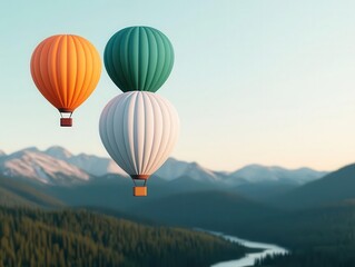 Obraz premium Balloons floating over a peaceful mountain ridge with a river flowing below, serene and tranquil setting
