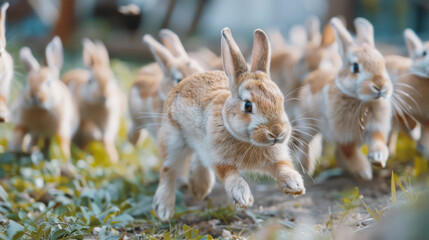 Fototapeta premium Rabbits running through a digital local marketplace, promoting businesses with hyper-localized digital tools